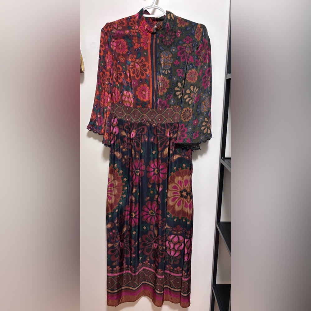 NWT STUNNING Farm Rio x Anthropologie Dress side zipper pockets crochet trim - Picture 4 of 16